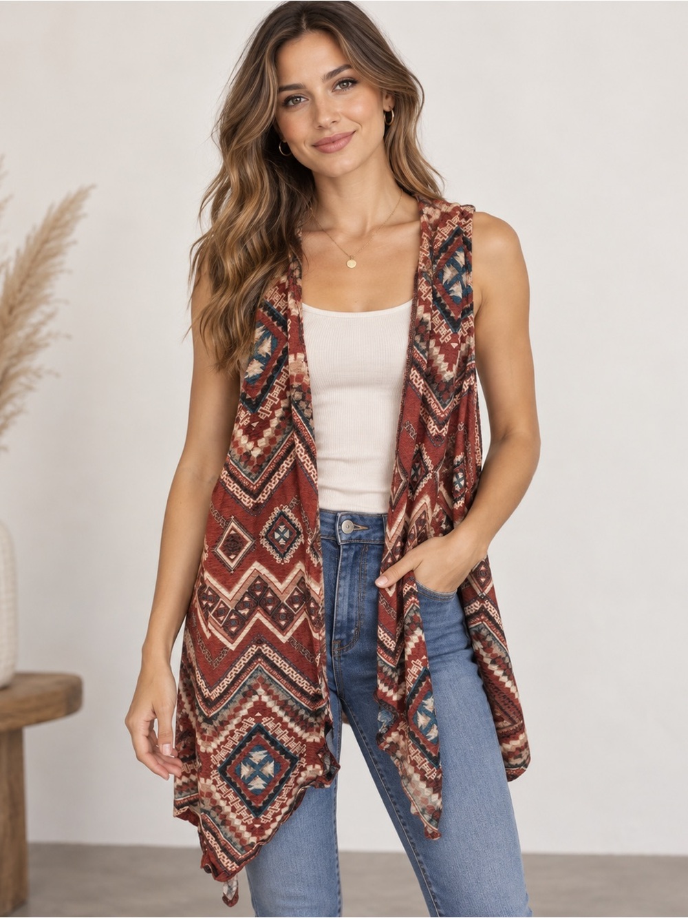 Cato Rust Multi Geometric Open-Front Vest